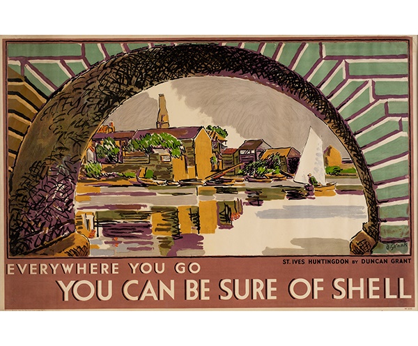 LOT 20 | DUNCAN GRANT (1885-1978) | ST. IVES - HUNTINGDON lithographic poster, 1932, condition A; not backed, framed | 76cm x 114cm (30in x 45in) | Literature: Hewitt, The Shell Poster Book, 50. | £600 - £800 + fees